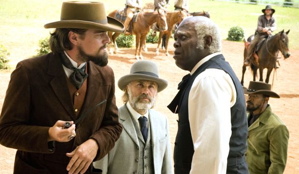 Leonardo DiCaprio, Christoph Waltz, Samuel L. Jackson and Jamie Foxx in 'Django Unchained'.
